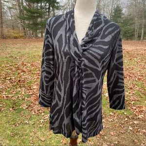 BOHO CHIC TOP TUNIC BLACK GRAY 3/4 SLEEVE SHAWL COLLAR TWIST FRONT SIZE L